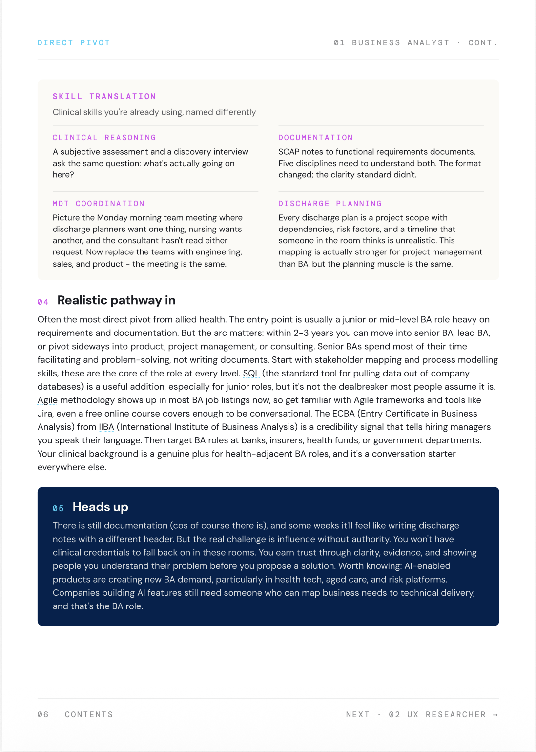 Guide preview - Business Analyst detail: skill translation cards, realistic pathway in, heads up section
